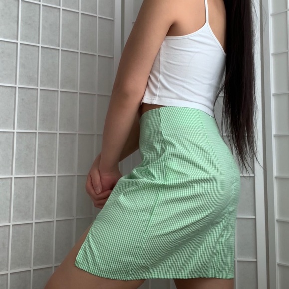shein green gingham print side slit mini skirt - Picture 7 of 14